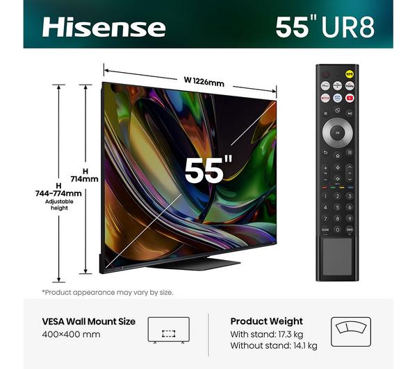 HISENSE UR8S 55" RGB Mini LED 4K 180Hz Smart AI TV with Freely - 55UR8STUK