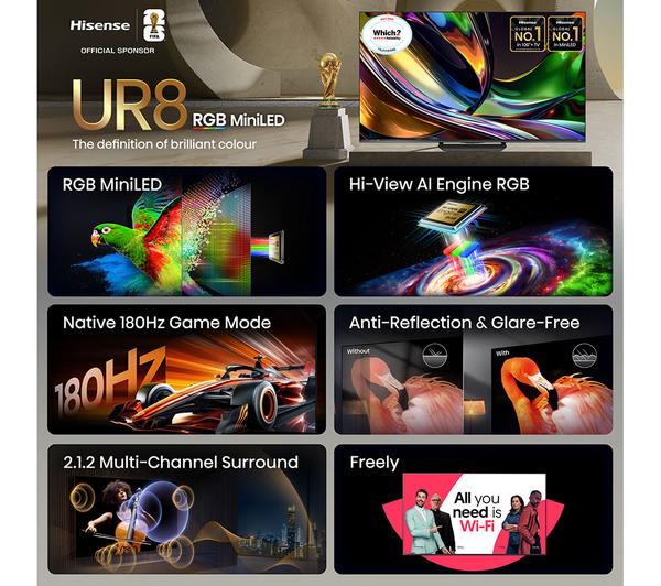 HISENSE UR8S 55" RGB Mini LED 4K 180Hz Smart AI TV with Freely - 55UR8STUK